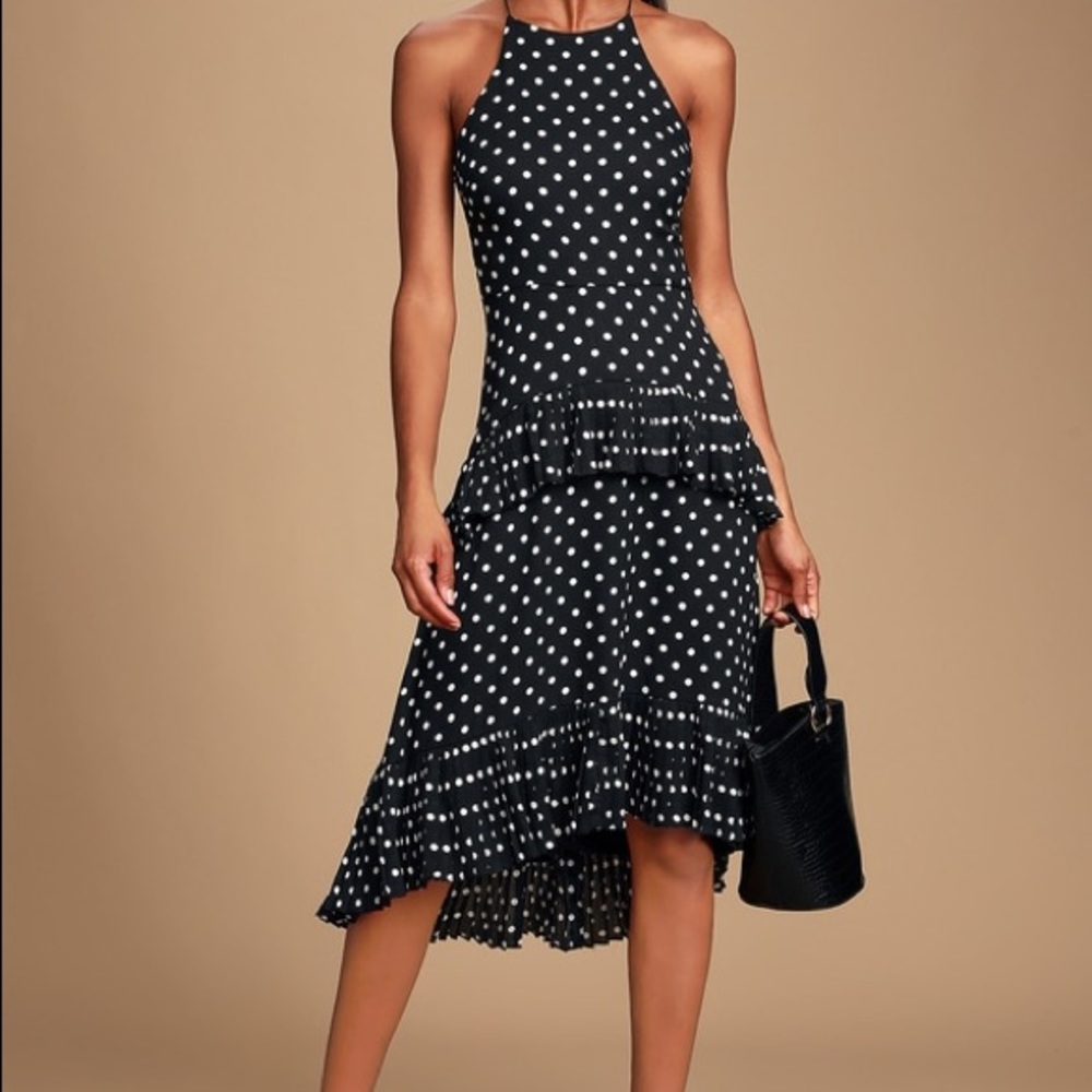 SALE NWT LULUS Black Polka Dot Ruffle Dress L